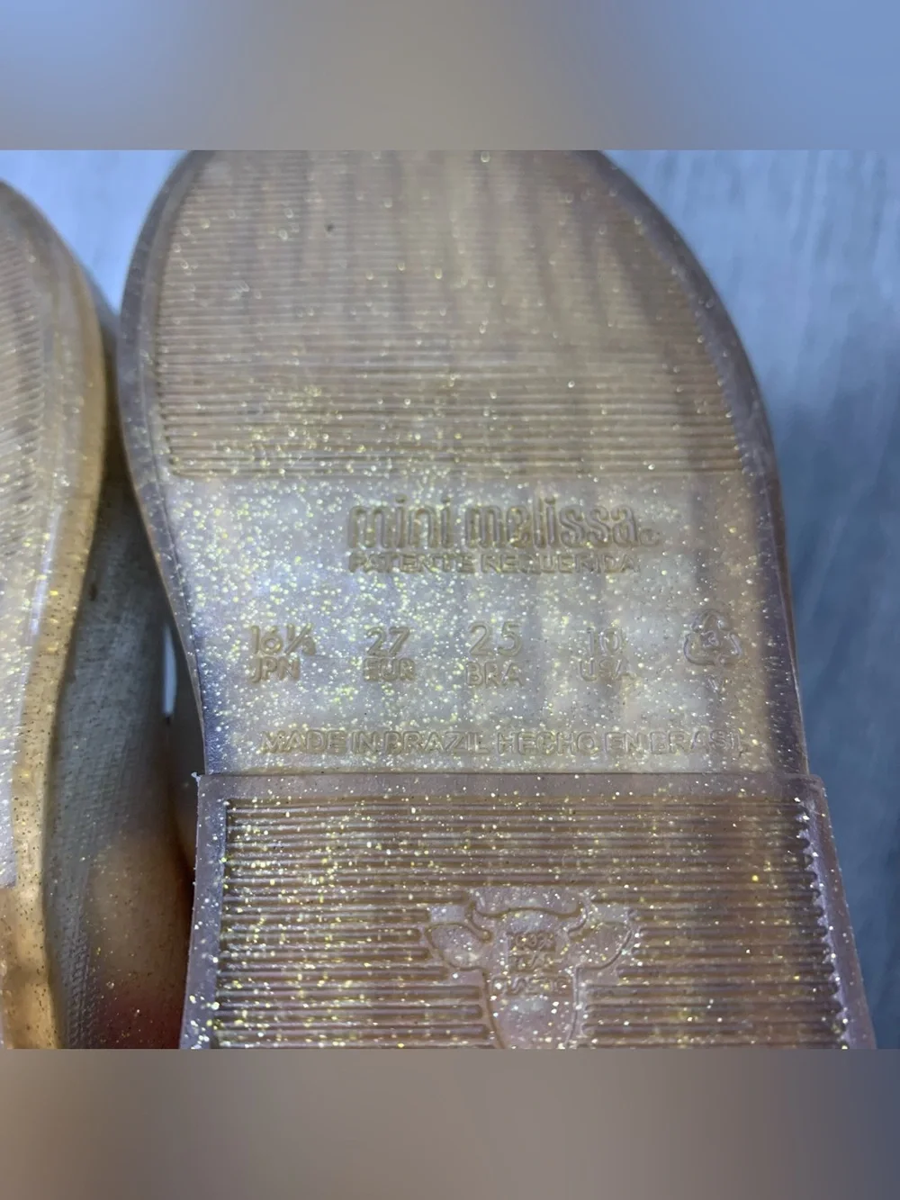 Mini Melissa Gold Sparkle Sweet Live Butterfly Mary Jane Jelly Shoes size 10